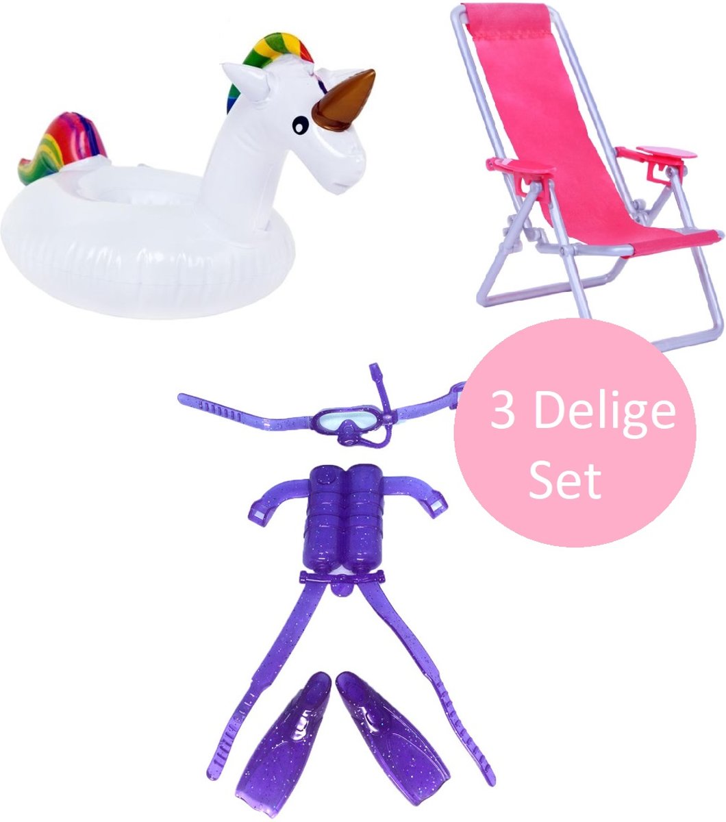 Voor de Pop | De Geweldige Unicorn Zwem, duik en Relax set | Unicorn zwemband | Ligstoel | Duikset | Poppenaccessoires